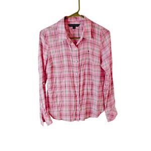 Women's S Thin Shirt Tommy Hilfiger Pink Green Plaid Button Up Long Sleeve READ